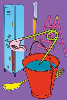 an image of a bucket with tools in it and a ladder next to it on a purple background