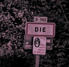 a street sign that reads die next to some trees in the background and bushes behind it