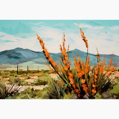 an oil painting of orange flowers in the desert