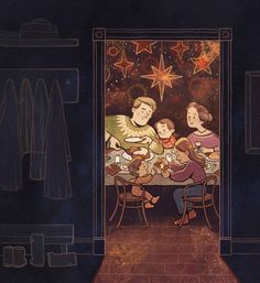 a family sitting at a dinner table in the dark