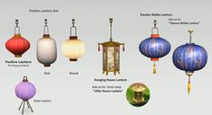 an assortment of chinese lanterns hanging from the ceiling and in different shapes, sizes and colors