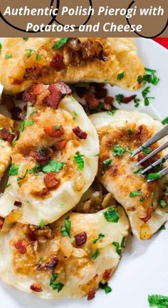 a white plate topped with ravioli covered in cheese and bacon next to a fork