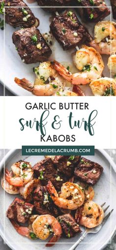 garlic butter steak and shrimp kabobs on a white plate with text overlay