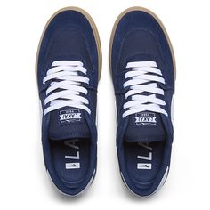 a pair of blue sneakers with white laces