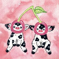 two black and white cats hanging upside down with cherries on their heads in front of a pink background