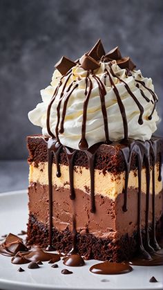 a piece of chocolate cake with whipped cream and chocolate drizzles on top