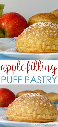 apple filling puff pastry with powdered sugar on top and an apple in the background