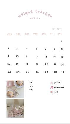 an image of a calendar with pictures of food and drinks on the front page, in pink