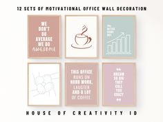 six framed art prints with coffee related quotes on the front and back of each set