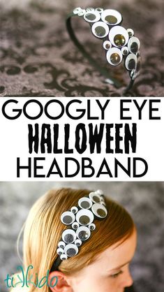 a girl wearing a headband made out of googly eye glasses and halloween hair clips