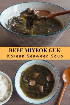 beef myfok soup in a bowl with rice and spoon