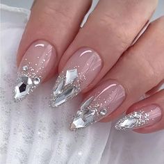 24 Piece Reusable Press On Nail Set. Pink Almond Shaped Nails With Silver Glitter& Rhinestone Metallic Detail. Contains Nails, Adhesive Jelly, And File. New 2023 Korean Nails, Luxury Wedding Nails, Silver Diamond Nails, Wedding Manicure For Bride, Wedding Nails Silver, Pink Crystal Nails, Gemstone Nail Art, Bejeweled Nails, Jeweled Nails