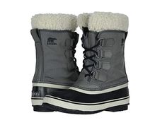 SOREL Winter Carnivaltm (Quarry/Black) Women's Cold Weather Boots Have fun with your style this season with the SOREL Winter Carnival snow boot. Waterproof nylon upper. Sherpa Pile snow cuff for added warmth. Easy lace-up design for a secure and comfortable fit. Seam-sealed waterproof construction keeps out the wet elements for a drier more comfortable foot environment. Removable 6 mm washable recycled felt inner boot. 2.5mm bonded felt frost plug. Handc #SOREL #Shoes #Boot #ColdWeather #Brown Carnival Boots, Sorel Winter Carnival, Sorel Mens Boots, Sorel Rain Boots, Sorel Boots Womens, Winter Carnival, Flannel Lined Jeans, Cold Weather Boots, Weather Boots