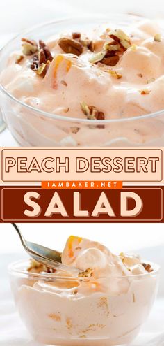 the dessert is made with peaches and pecans, but it's also topped with whipped cream