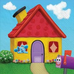 a cartoon house with a purple door and red roof