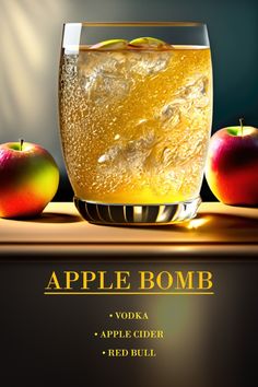 an advertisement for apple bomb vodka with apples in the foreground and on the background