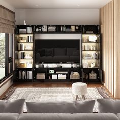 a living room filled with lots of furniture and a flat screen tv mounted on a wall