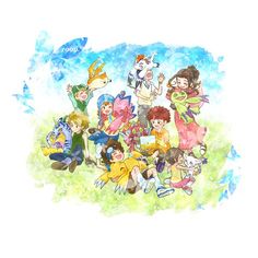 an image of some cartoon characters in watercolor