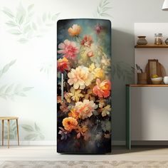 an open refrigerator with flowers painted on it