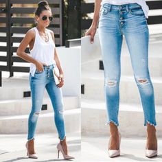 Diy Ripped Jeans, Cute Ripped Jeans, Jeans Heels Outfit, Best Jeans For Women, Latest Jeans, Jeans Diy, Fashion Attire, Perfect Jeans, Refashion Clothes