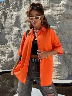 Style:Casual \nDetails:Button \nNeckline:Collar \nType:Shirt \nSleeve Type:Drop Shoulder \nColor:Orange \nPattern Type:Plain \nSleeve Length:Half Sleeve \nLength:Long \nFit Type:Regular Fit \nFabric:Non-Stretch \nMaterial:Fabric \nComposition:100% Polyester \nCare Instructions:Machine wash or professional dry clean \nSheer:No \n Orange Shirt Winter Outfit, Orange Outfits Summer, Orange Outfit Concert, Styling Orange Shirt, Bright Orange Top Outfit, Outfit With Orange Shirt, Orange Tops For Women, Chemise Orange Outfit, Orange Outfits Ideas