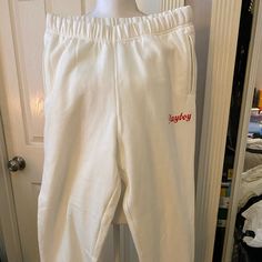 Pacsun Playboy White Sweatpants Size Medium Woman's Sold Out They Run Over Sized May Fit A Large But There True Size Medium From The Waist I'm A Size 7 Jeans And The Waist Fit Good I Just Didn't Like That There Too Baggy They Are Really Cute And Soft... Smoke Free Home Price Is Firm Sorry Will Not Take Offers White Sweatpants For Spring Leisure, Casual White Pants For Day Out, White Summer Sweatpants With Pockets, Trendy White Cotton Sweatpants, White High Waist Casual Sweatpants, Casual High Waist White Sweatpants, Trendy High Waist White Sweatpants, Trendy High-waisted White Sweatpants, White Leisure Long Pants