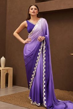 Purple and lilac ombre gradient pre-draped saree crafted in georgette with oyster foil-pearl embellishments on the borders. Paired with a sleeveless V neck padded blouse with foil shell-cutdana embellishments on the neckline. - Aza Fashions Papa Don't Preach, Red Bridal Dress, Bridal Sarees South Indian, Modern Saree, Casual Indian Fashion, Saree Blouse Patterns, Simple Sarees, Designer Saree Blouse Patterns