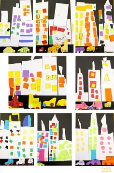 collages of different shapes and sizes of buildings made out of construction paper on black background