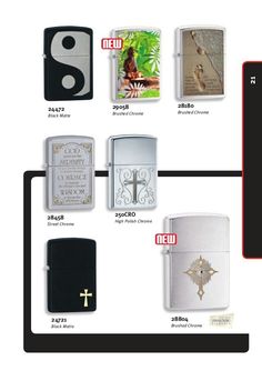 the different types of lighters are labeled in red and black, including one with a cross