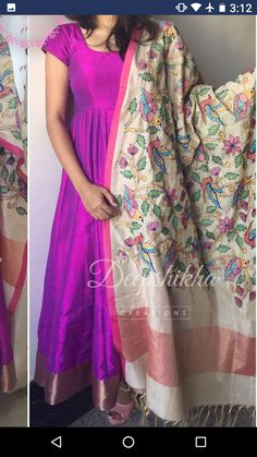 Pattu Long Frocks For Women With Dupatta, Kalankari Frocks Designs, Kalamkari Dupatta With Dress, Kalamkari Dupatta, Kalamkari Dresses, Ikkat Dresses, Designer Anarkali Dresses, Gown Party Wear, Long Gown Design