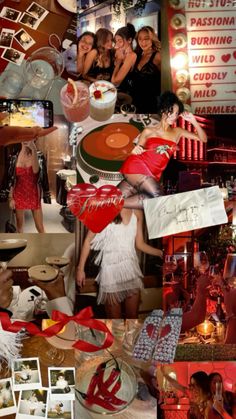 a collage of photos with people in red and white outfits at a party or other event