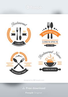 four different logos for restaurant menus with forks, spoons and plates on white background