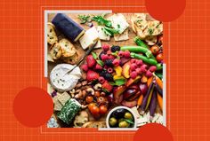 an assortment of fruits and vegetables on a cutting board with orange circles around the image