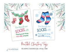 two christmas cards with stockings and socks on them