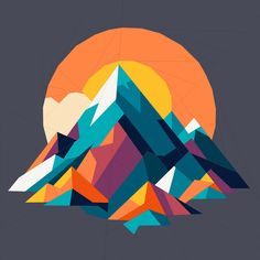 an abstract mountain scene with the sun setting in the background and low polygonal shapes