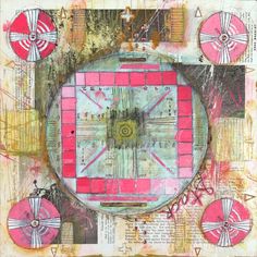 mixed media collage with pink and white squares, circles, and other things on paper