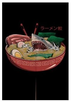 an image of a bowl of noodles with a shark in it