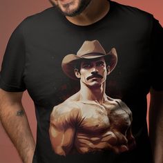 Unleash your inner cowboy with this eye-catching graphic tee, designed for confident, stylish individuals who love to make a statement. Our black, short-sleeved t-shirt features a striking illustration of a shirtless, muscular cowboy with a mustache and a hat, ready to turn heads wherever you go. Made from soft, high-quality fabric, it guarantees comfort and durability. Embrace your wild side and make this Rugged Cowboy Fantasy Tee a staple in your wardrobe today! Highlights: Eye-catching graphic design Soft, high-quality fabric Comfortable and durable Perfect for making a statement Black Cotton Western T-shirt, Black Western Style Cotton T-shirt, Western Style Short-sleeved Screen Print T-shirt, Fitted Black T-shirt With Pop Culture Style, Black Western Crew Neck Top, Black Western Top With Graphic Print, Black Short Sleeve Western Tops, Shirtless Cowboy, Cowboy Illustration