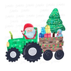 a green tractor with a santa clause on the front and christmas tree in the back