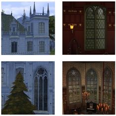 four different views of an old house with candles in the windows and a christmas tree