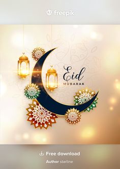 eid mubarak with lanterns and snowflakes on the moon for free