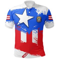 AIO Pride Puerto Rico Polo Shirt - Puerto Rico Flag Brush All of our Polo Shirt are custom-made-to-order and handcrafted to the highest quality standards. Each shirt is constructed from a premium polyester blend that is ultra-soft and incredibly comfortable. This shirt has some great features, it has 3 buttons, elastic collar, and cuffs. Extremely soft to the touch, durable and breathable. Features a specialty high definition heat-dye application that ensures long lasting color vibrancy even aft White Polo Top With Sublimation Print, White Polo Collar Top With Sublimation Print, Fitted Cotton Polo Shirt With Sublimation Print, White Polo Shirt With Sublimation Print And Crew Neck, White Polo Collar T-shirt With Sublimation Print, White Custom Print Crew Neck Polo Shirt, White Crew Neck Polo Shirt With Custom Print, Puerto Rico Flag, Mens Polo Shirts