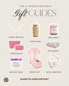 the gift guide for a friend's birthday is shown in this graphic style, which includes