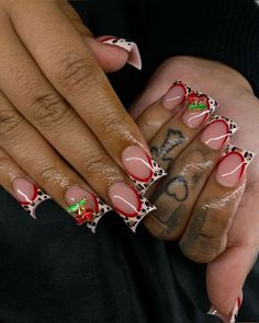 Birthday Acrylics Ideas, Designer French Tip Nails, Cute Black And Red Nails Ideas, Summer Duck Nails Design, Cheetah Print Cherry Nails, Cheetah Nails With Cherries, Nail Inspo Cheetah Print, Cheetah Duck Nails, Cherry Cheetah Nails