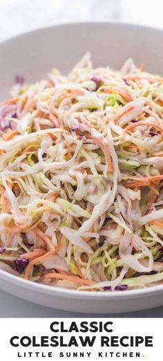 coleslaw salad in a white bowl with the title classic coleslaw recipe