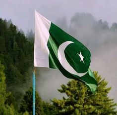 the pakistan flag is flying in front of some trees and foggy mountains behind it