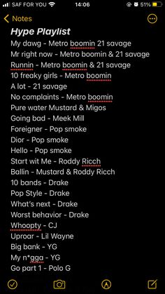 an iphone screen with the words hype playlist on it and other text