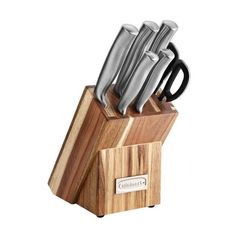 a wooden block with knives on it and a knife holder attached to the top one