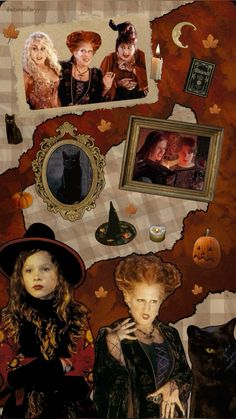 a collage of people dressed up as witches with cats and pumpkins in the background