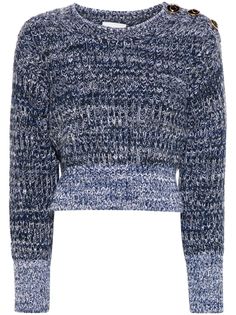 blue wool chunky knit mélange effect logo-embossed buttons ribbed trim crew neck long sleeves straight hem cropped Wool Sweaters Womens, Wool Jumper, City Dress, Airport Fashion, Merino Wool Sweater, Blue Wool, Wool Blend Sweater, Lace Knitting, Knit Jumper